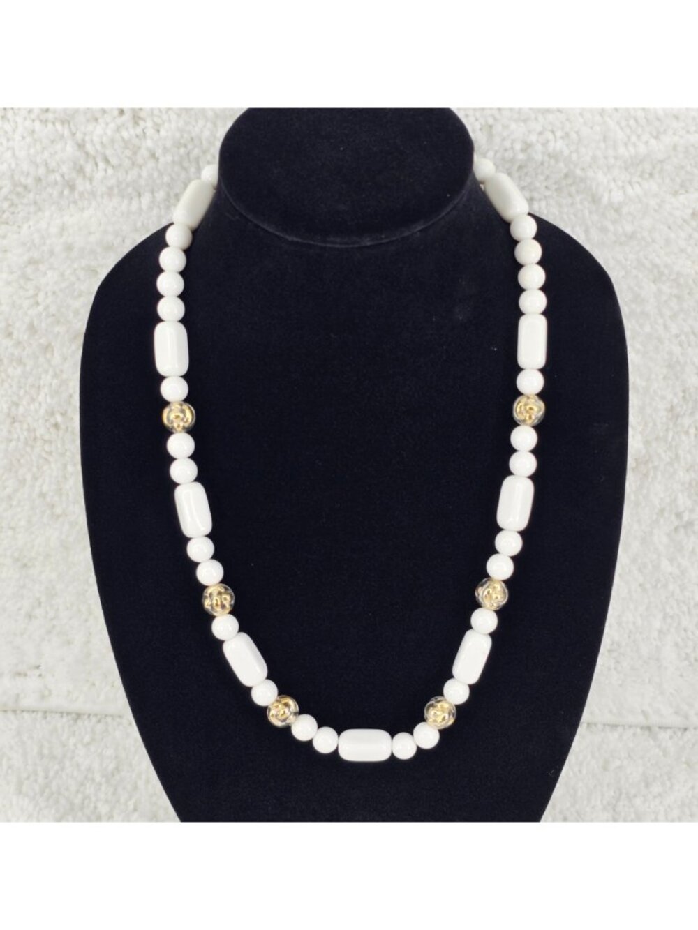 Vintage 1990s Trifari White Bead Necklace Clear Gold Accent Beads 24"